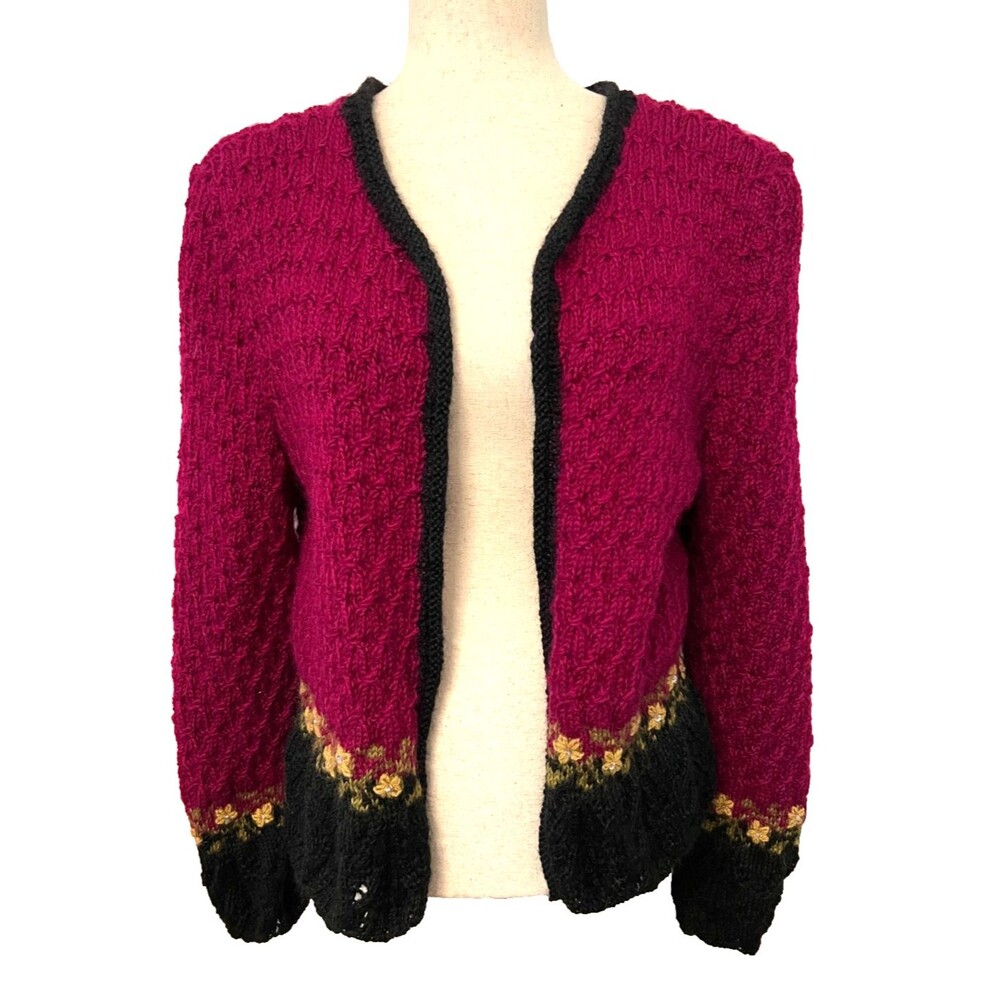 Vtg Handmade Angora Wool Cardigan Sweater Women's M Fuzzy Floral Sequins Magenta